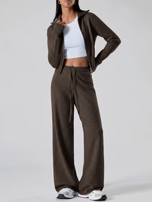 LYSMO Women's Zip-Up Long Sleeve Sweater Cardigan And Drawstring Waist Loose Pants 2 Pieces Set Lounge Travel Dark Brown Fall Casual Travel Lounge Brunch - Brown - View 4