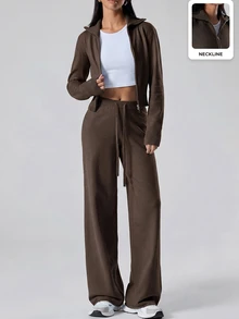 LYSMO Women's Zip-Up Long Sleeve Sweater Cardigan And Drawstring Waist Loose Pants 2 Pieces Set Lounge Travel Dark Brown Fall Casual Travel Lounge Brunch - Brown - View 7