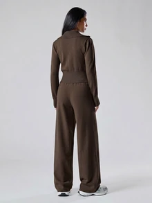 LYSMO Women's Zip-Up Long Sleeve Sweater Cardigan And Drawstring Waist Loose Pants 2 Pieces Set Lounge Travel Dark Brown Fall Casual Travel Lounge Brunch - Brown - View 2
