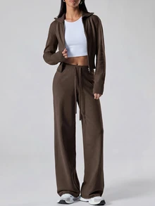 LYSMO Women's Zip-Up Long Sleeve Sweater Cardigan And Drawstring Waist Loose Pants 2 Pieces Set Lounge Travel Dark Brown Fall Casual Travel Lounge Brunch - Brown - View 5