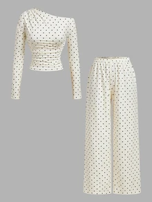 SHEIN MOD Women Black White Polka Dot Print One Shoulder Ruched Long Sleeve Top And Wide Leg Pants Two Pieces Set Fall Women's Suit Vacation French Romantic - Apricot - View 2
