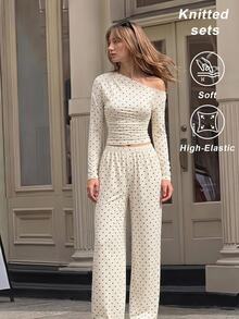 SHEIN MOD Women Black White Polka Dot Print One Shoulder Ruched Long Sleeve Top And Wide Leg Pants Two Pieces Set Fall Women's Suit Vacation French Romantic - Apricot - View 1