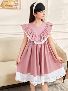 SHEIN Tween 女童优雅蕾丝边荷叶边领短袖连衣裙 - 藕粉色 - 查看 3