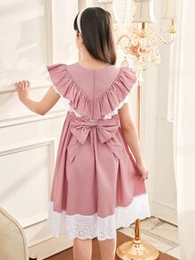 SHEIN Tween 女童优雅蕾丝边荷叶边领短袖连衣裙 - 藕粉色 - 查看 2