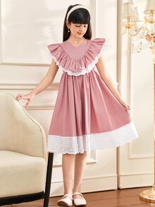 SHEIN Tween 女童优雅蕾丝边荷叶边领短袖连衣裙 - 藕粉色 - 查看 8