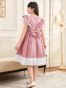 SHEIN Tween 女童优雅蕾丝边荷叶边领短袖连衣裙 - 藕粉色 - 查看 10