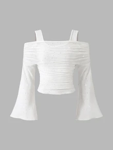 SHEIN 女童春夏新款背心內搭二合一露肩亮片網紗長袖上衣，時尚優雅甜美可愛 - 白色 - 查看 8