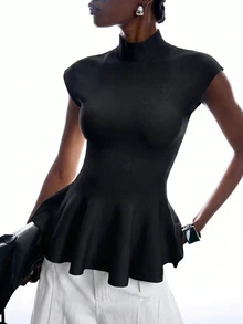 LYSMO Women's Solid Color Stand Collar Cap Sleeve Ruffle Hem Knit Top Night Black Autumn Elegant - Black - View 6