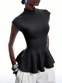 LYSMO Women's Solid Color Stand Collar Cap Sleeve Ruffle Hem Knit Top Night Black Autumn Elegant - Black - View 3