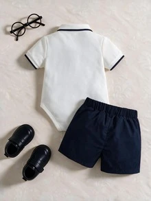 Souflis Souflis 男嬰 Polo 領拼接短袖連身衣短褲套裝，可愛端莊造型，適合家庭派對與拍照，白色夏季海軍藍配色 - 藍白色 - 查看 2
