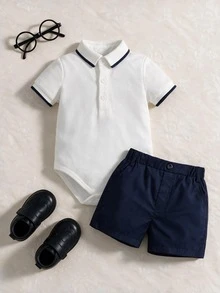 Souflis Souflis 男嬰 Polo 領拼接短袖連身衣短褲套裝，可愛端莊造型，適合家庭派對與拍照，白色夏季海軍藍配色 - 藍白色 - 查看 4