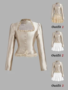SHEIN MOD Áo khoác nữ màu kem cài nút trước với chi tiết ren bèo nhún và tay dài phồng, áo khoác satin mùa đông và mùa thu, phong cách cung đình cổ điển - Màu be - Xem 3