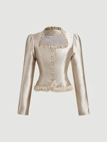 SHEIN MOD Áo khoác nữ màu kem cài nút trước với chi tiết ren bèo nhún và tay dài phồng, áo khoác satin mùa đông và mùa thu, phong cách cung đình cổ điển - Màu be - Xem 6