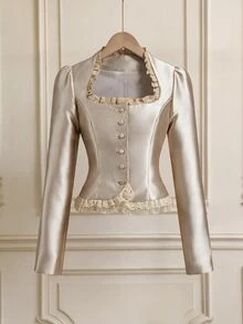 SHEIN MOD Áo khoác nữ màu kem cài nút trước với chi tiết ren bèo nhún và tay dài phồng, áo khoác satin mùa đông và mùa thu, phong cách cung đình cổ điển - Màu be - Xem 2