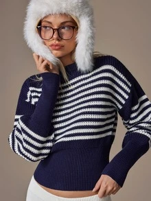 SHEIN 2-delat set med rundhalsad marinblå och vitrandig tröja med ballongärm och ribbmantel samt matchande tröjbyxor - Marinblå - Visa 2