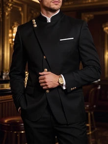 Manfinity Bizformal Men's Luxury Stand-Collar Suit Set With A Stylish Stand-Up Collar, Perfect For Daily Work, Business, Parties, And Events. - Black - View 3