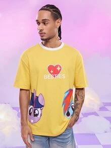 My Little Pony X SHEIN Men's Letter & Heart Print Short Sleeve Casual T-Shirt G4 - Yellow - View 1