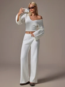SHEIN Women V-Neck Flare Sleeve Cozy Sweater And Sweater Pant Knit 2pcs Set - Champagne - View 6