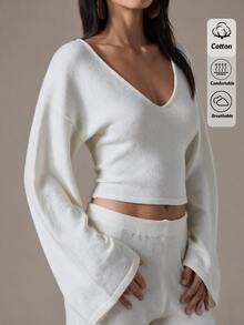 SHEIN Women V-Neck Flare Sleeve Cozy Sweater And Sweater Pant Knit 2pcs Set - Champagne - View 5