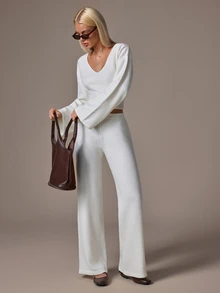 SHEIN Women V-Neck Flare Sleeve Cozy Sweater And Sweater Pant Knit 2pcs Set - Champagne - View 7
