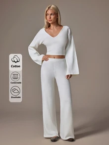SHEIN Women V-Neck Flare Sleeve Cozy Sweater And Sweater Pant Knit 2pcs Set - Champagne - View 1