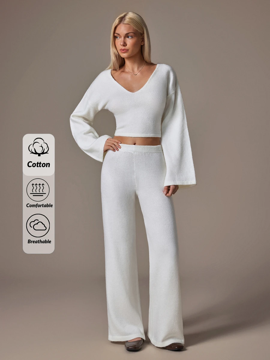 SHEIN Women V-Neck Flare Sleeve Cozy Sweater And Sweater Pant Knit 2pcs Set - Champagne - View 1