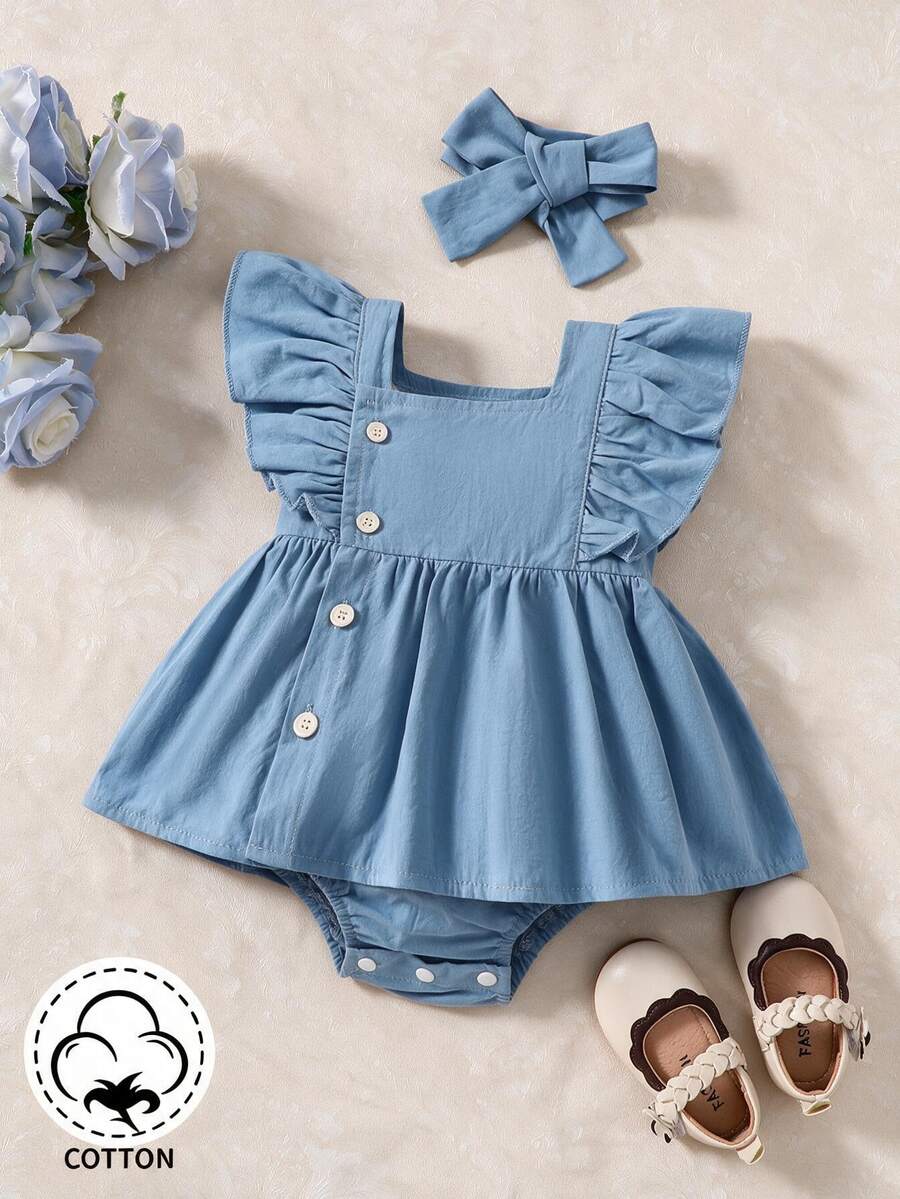 Souflis Souflis Baby Girl's Blue Lace Edge Ruffle Edge Bodysuit With Hairband, Suitable For Daily And Casual Wear, Spring/Summer - Multicolor - View 1