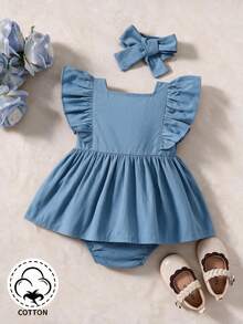 Souflis Souflis Baby Girl's Blue Lace Edge Ruffle Edge Bodysuit With Hairband, Suitable For Daily And Casual Wear, Spring/Summer - Multicolor - View 2