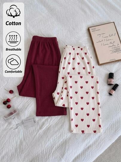 SHEIN 2 szt. plus size spodnie do spania, nocne, ślubne, bordowe, domowe