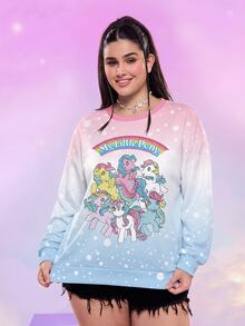 My Little Pony X SHEIN Plus Size Women's Long Sleeve Casual Cute Cargo Kawaii 80s Crew Neck Sweatshirt All-Over Print Summer Graduation Club White - White - View 1