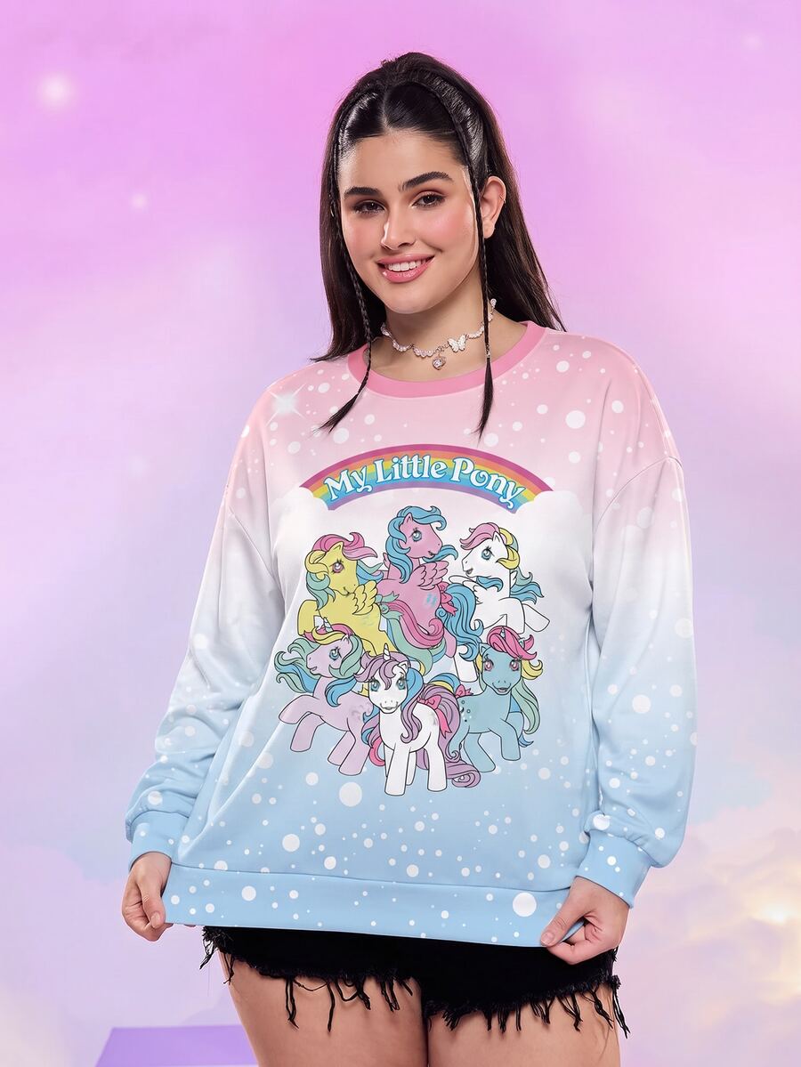 My Little Pony X SHEIN Plus Size Women's Long Sleeve Casual Cute Cargo Kawaii 80s Crew Neck Sweatshirt All-Over Print Summer Graduation Club White - White - View 1