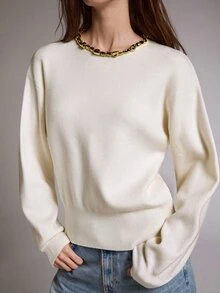 MOTF PREMIUM Waist-Cinching Short Pullover Round Neck Beaded Decor Sweater, Autumn/Winter - Apricot - View 2