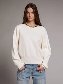 MOTF PREMIUM Waist-Cinching Short Pullover Round Neck Beaded Decor Sweater, Autumn/Winter - Apricot - View 6