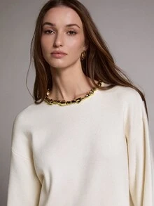 MOTF PREMIUM Waist-Cinching Short Pullover Round Neck Beaded Decor Sweater, Autumn/Winter - Apricot - View 5
