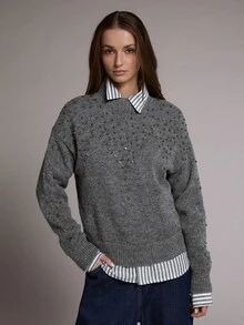 MOTF PREMIUM Women's Loose Pullover Sweater With Bead Embellishment, Autumn/Winter - Dark Grey - View 1