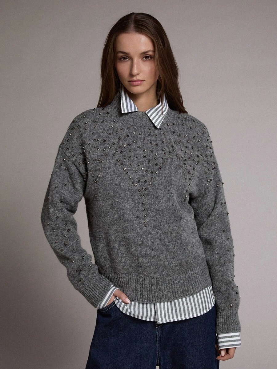 MOTF PREMIUM Women's Loose Pullover Sweater With Bead Embellishment, Autumn/Winter - Dark Grey - View 1