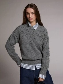 MOTF PREMIUM Women's Loose Pullover Sweater With Bead Embellishment, Autumn/Winter - Dark Grey - View 3