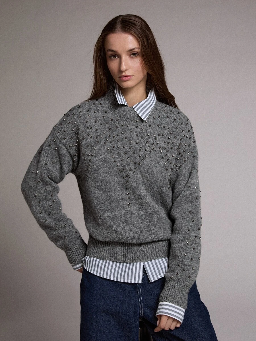 MOTF PREMIUM Women's Loose Pullover Sweater With Bead Embellishment, Autumn/Winter - Dark Grey - View 1