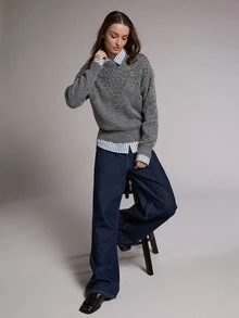 MOTF PREMIUM Women's Loose Pullover Sweater With Bead Embellishment, Autumn/Winter - Dark Grey - View 6