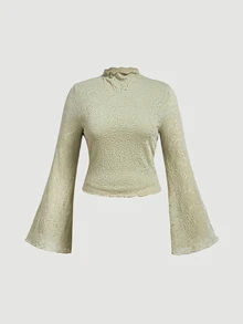 SHEIN MOD Áo kiểu jacquard cổ cao dáng ôm xòe dài cho nữ size lớn, màu xanh nhạt - màu xanh lá - Xem 2