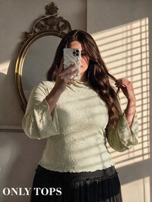 SHEIN MOD Áo kiểu jacquard cổ cao dáng ôm xòe dài cho nữ size lớn, màu xanh nhạt - màu xanh lá - Xem 7