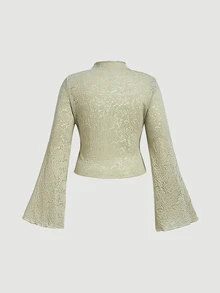 SHEIN MOD Áo kiểu jacquard cổ cao dáng ôm xòe dài cho nữ size lớn, màu xanh nhạt - màu xanh lá - Xem 3
