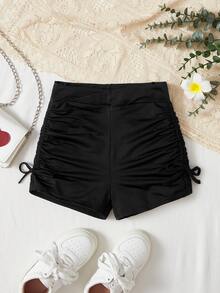 PrepCrw Tween Girls' Solid Color Knit Criss-Cross Waist Ruched Bow Riding Pants - Black - View 3