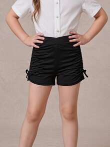PrepCrw Tween Girls' Solid Color Knit Criss-Cross Waist Ruched Bow Riding Pants - Black - View 1