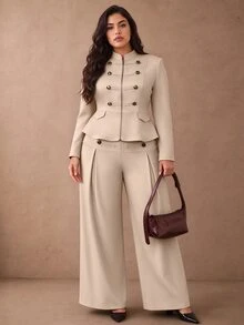 Juhart Plus Size Autumn/Winter Stand Collar Front Zipper Double-Breasted Decorative Button Long Sleeve Wide Leg Napoleon Style 2 Pieces Set - Apricot - View 6
