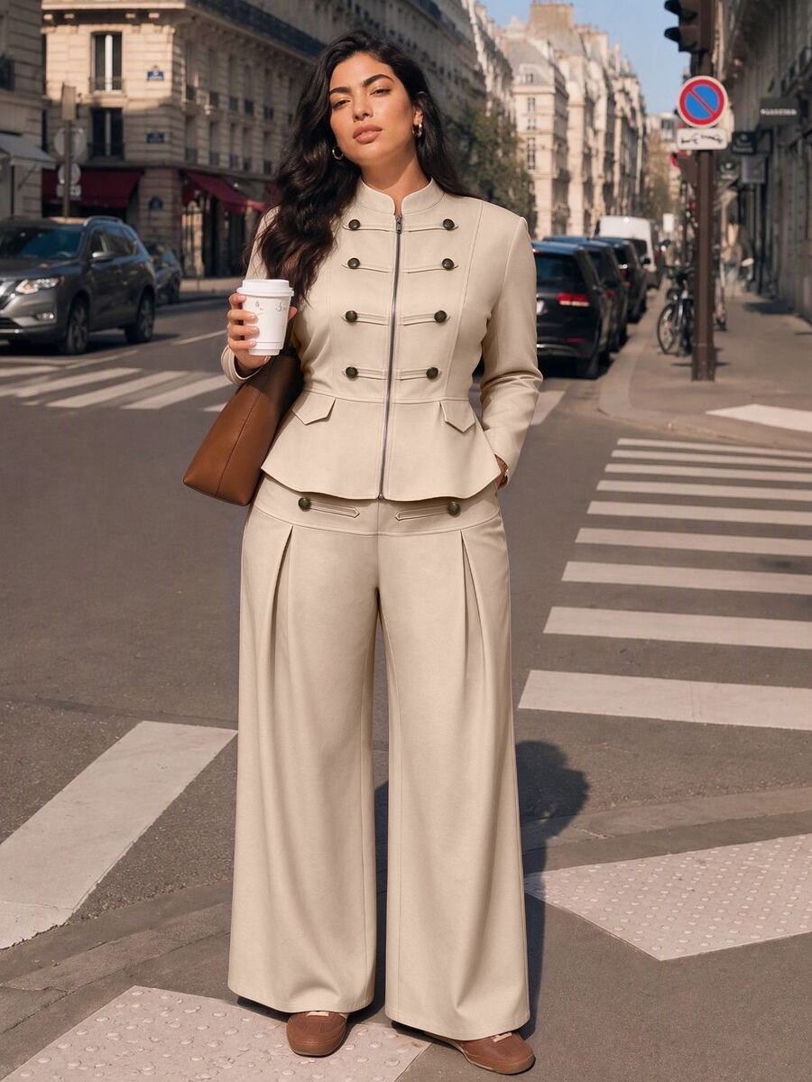 Juhart Plus Size Autumn/Winter Stand Collar Front Zipper Double-Breasted Decorative Button Long Sleeve Wide Leg Napoleon Style 2 Pieces Set - Apricot - View 1