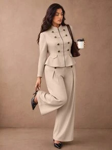 Juhart Plus Size Autumn/Winter Stand Collar Front Zipper Double-Breasted Decorative Button Long Sleeve Wide Leg Napoleon Style 2 Pieces Set - Apricot - View 7