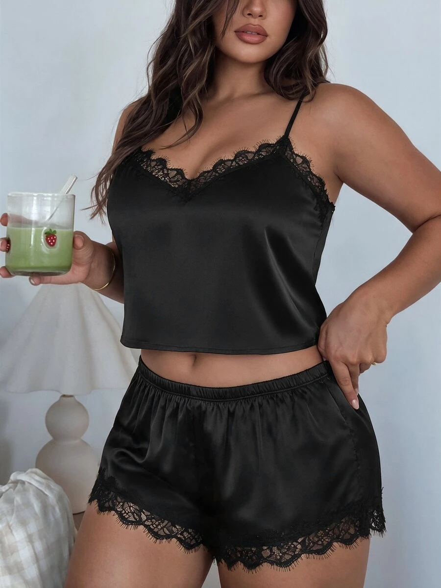 Firerie Plus Halloween Lace Trim Satin Cami Top & Shorts PJ Set / Pajama Set - Black - View 1