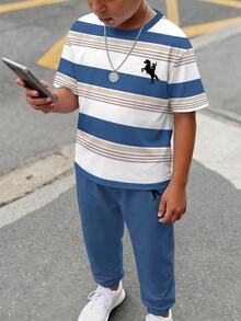 Teen Boy Casual Minimalist Short Sleeve Crew Neck T-Shirt And Long Pants Set, Suitable For Summer - Multicolor - View 4