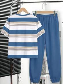 Teen Boy Casual Minimalist Short Sleeve Crew Neck T-Shirt And Long Pants Set, Suitable For Summer - Multicolor - View 2